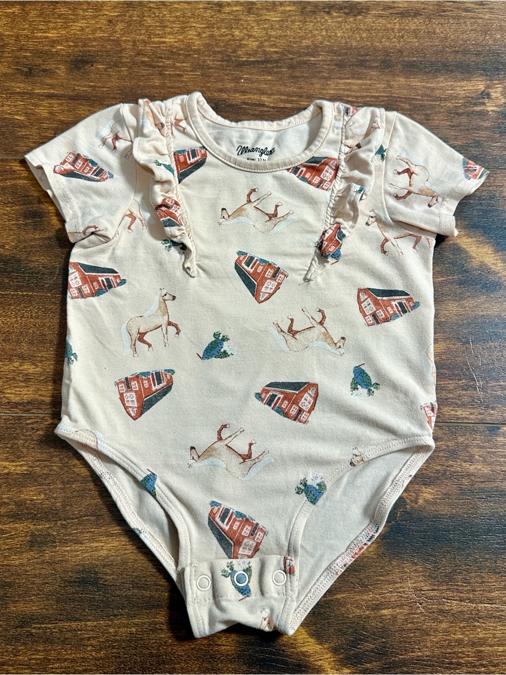 🤠 Wrangler Baby Girl Western Horse Barn Ruffle Bodysuit 12M 🌵